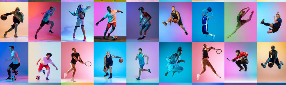 Variety of sports (including running, basketball, soccer, karate, tennis, hockey) displayed in front of rainbow coloured backgrounds
